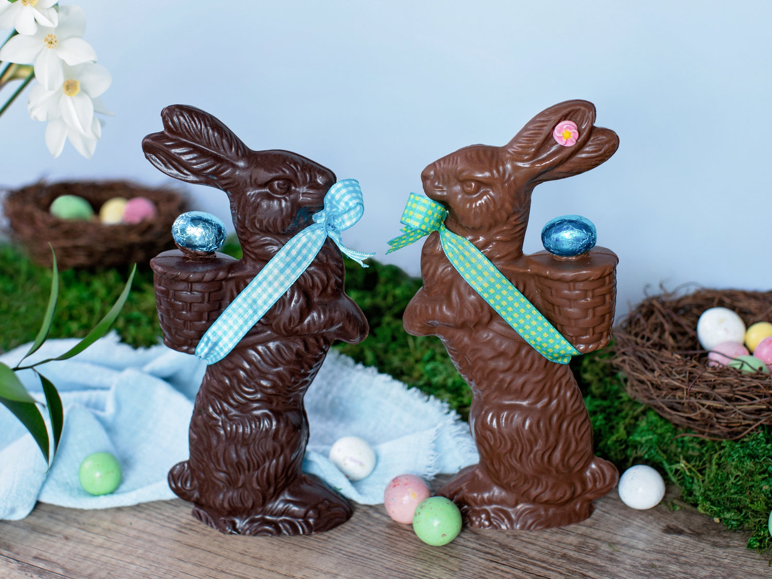 two chocolate bunnies carrying baskets facing each other.