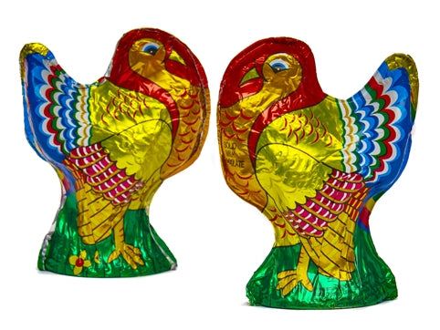 Chocolate molded turkeys are wrapped in Italian foil. The milk chocolate turkeys are wrapped in a yellow, orange, red, blue and green turkey design. the dark chocolate turkey is wrapped in bronze, orange, gold and red turkey deisgn.
