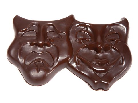 Chocolate molded into the smiling Comedy and grimacing Tragedy Masks.
