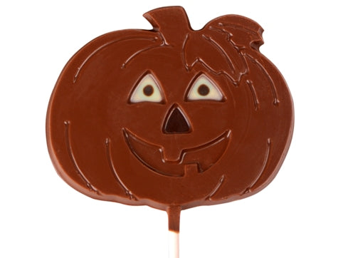A cute smiling jack-o-lantern molded chocolate lollipop on a stick.