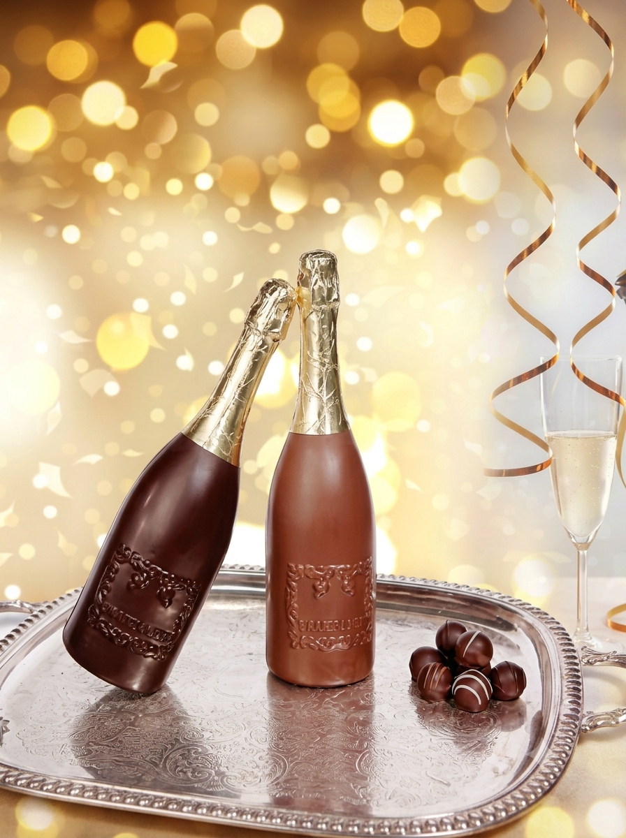 Two chocolate-covered champagne bottles on a silver tray with a festive background.