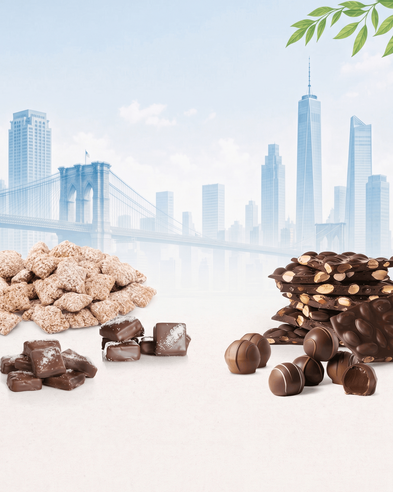 Assorted chocolate candies with a city skyline in the background