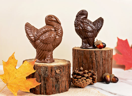 Two chocolate turkeys standing proud on tree branch slices.