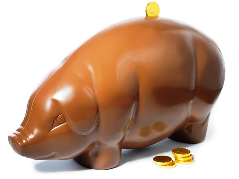 A giant molded chocolate pig has a gold foiled chocolate coin in its back.