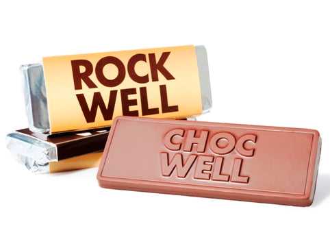 3 oz. Custom Chocolate Bar, this example has the Rockwell wrapper logo and the words Chocwell embossed into the chooclate bar.