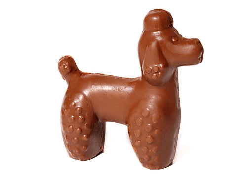 A milk chocolate molded three-dimensional poodle dog with a cute haircut.