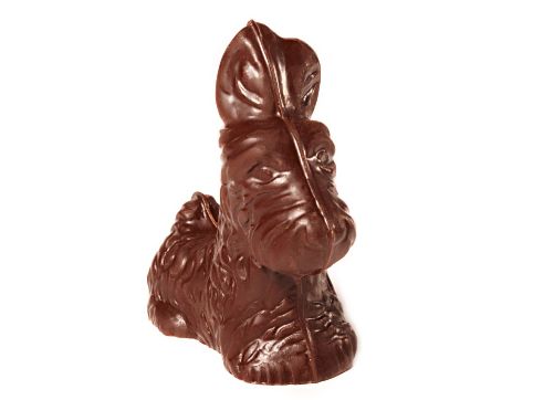 A milk chocolate molded three-dimensional Scottie dog.