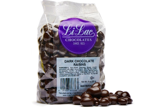 A cellophane bag of Dark Chocolate Raisins.