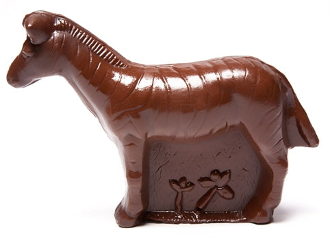 A standing molded chocolate Zebra has stripe details.